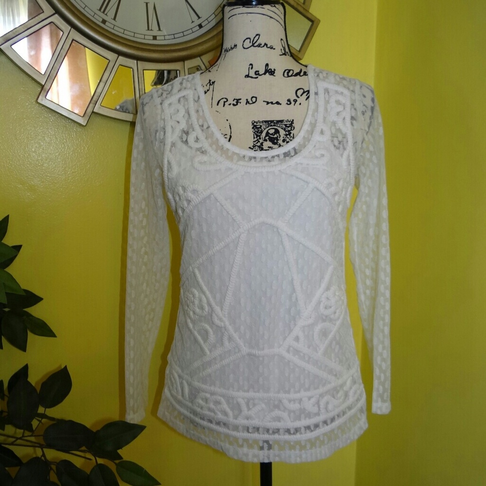 INC International Concepts White Lace Long Sleeve Top